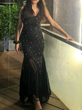 Modisches schwarzes Tüll-Meerjungfrau-Abendkleid mit Perlen, formelles Ballkleid Y7857