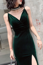 Vestidos de fiesta largos de terciopelo verde oscuro con escote en V, sencillos, vestidos de noche formales de terciopelo verde oscuro Y2926