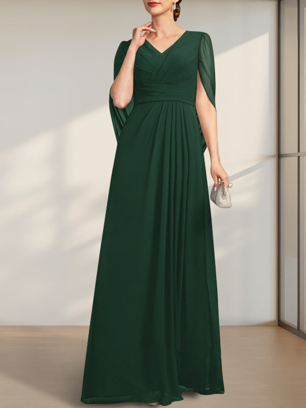 Vestido de gasa para madre de la novia con escote en V, largo hasta el suelo, con pliegues