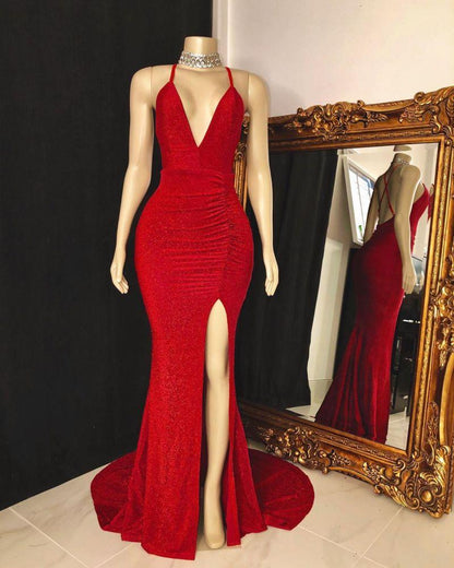 Vestido de fiesta sin mangas con escote en V y cuello halter con abertura atrevida