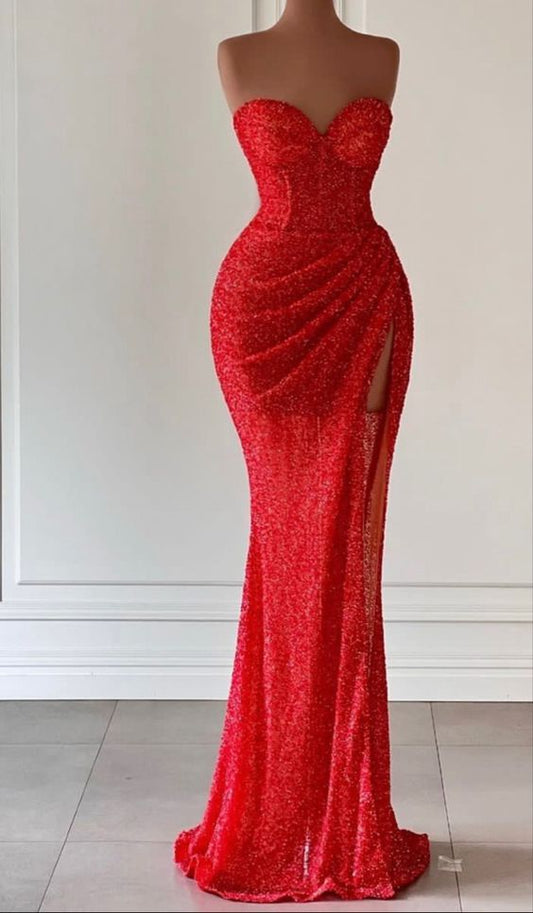 Rotes Meerjungfrau-Abendkleid mit hohem Schlitz Y71