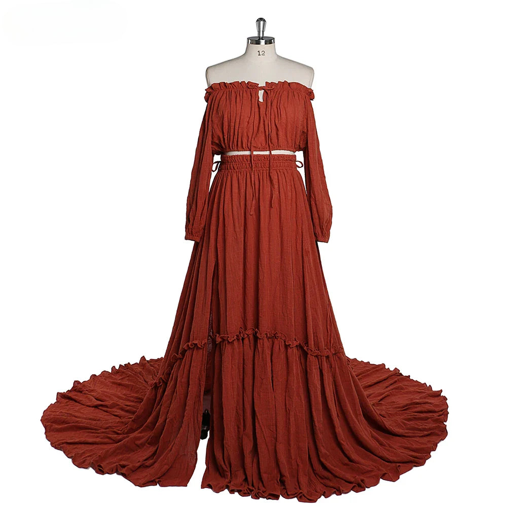 Two Pieces Gown Maternity Dresses Long Sleeves Side Slit Photography Dress Cotton Maxi Dress YEWEN SY211229
