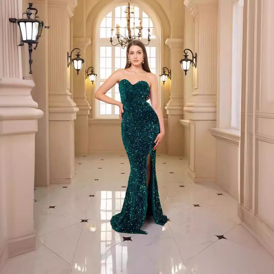 Deep V-Neck Sequin Evening Prom Dress