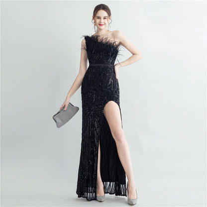 Heavy Industry Ostrich Hair Craft Bundle Hair Evening Dress with Oblique Shoulder Slit