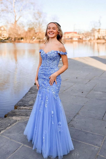 Off the Shoulder Tulle Appliques Mermaid Long Prom Dresses