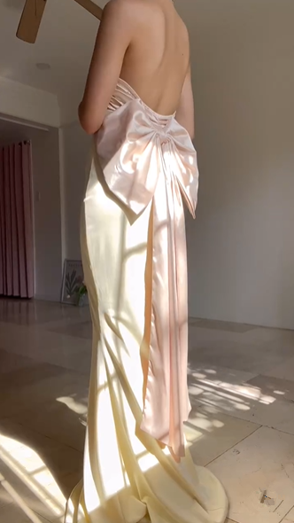 Vestido de noche largo tipo sirena, elegante, sin tirantes y con lazo Y8499