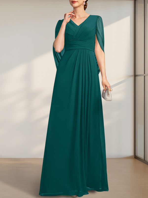 Vestido de gasa para madre de la novia con escote en V, largo hasta el suelo, con pliegues