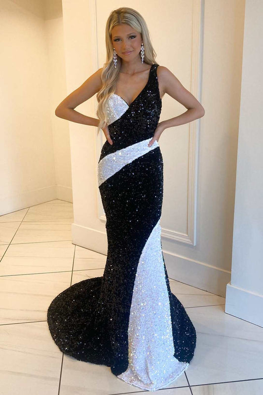Schwarzes und weißes langes One-Shoulder-Abendkleid im Meerjungfrauenstil mit Pailletten