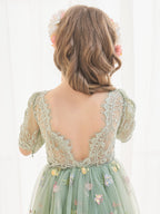 Salbeigrünes Blumenmädchenkleid aus Stoff mit U-Ausschnitt und Tüll (2003227581) 