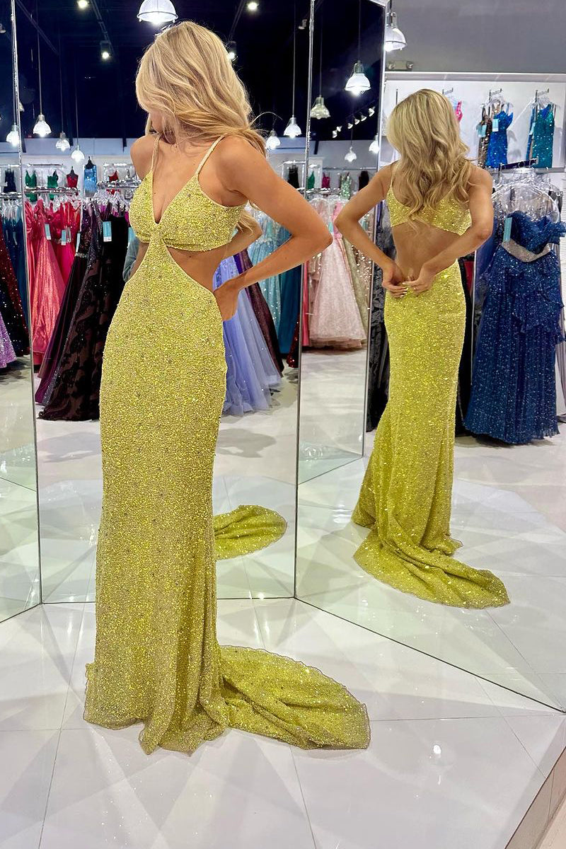 Terri | Vestidos de fiesta largos con escote en V profundo y lentejuelas verde mostaza