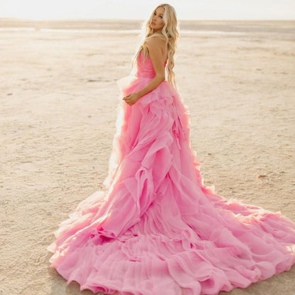 Elegant Pink Petal Ruffle Prom Party Dresses  Long Strapless Bridal Photography Dress Beach Boho Maternity Photo Shoot Gowns