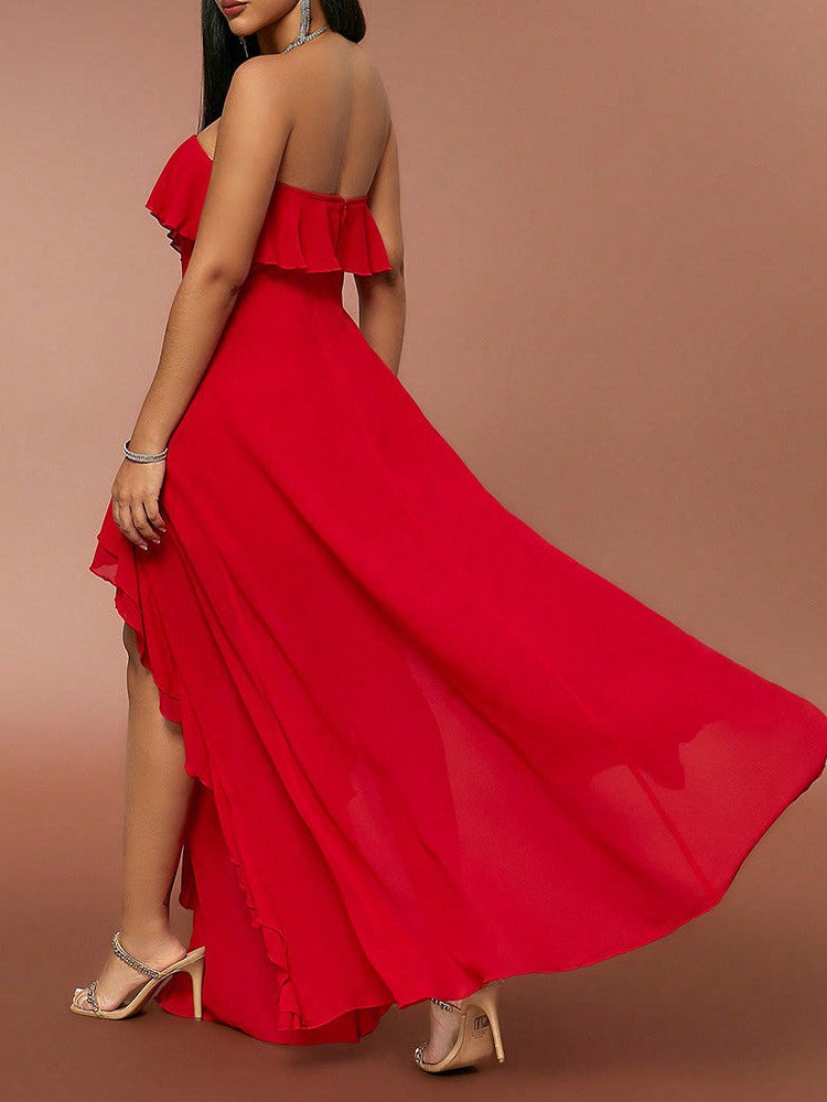 Red Ruffle  Tube Top V neck Flounce Backless Evening Dress
