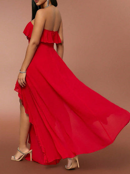Red Ruffle  Tube Top V neck Flounce Backless Evening Dress