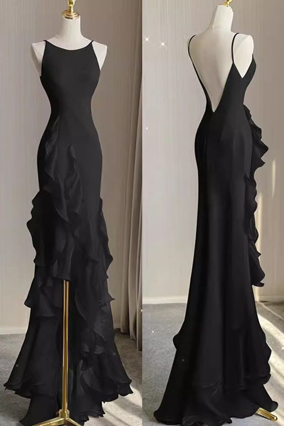Vestido de noche negro de sirena con volantes, tirantes finos y espalda descubierta, estilo playero, Y5652
