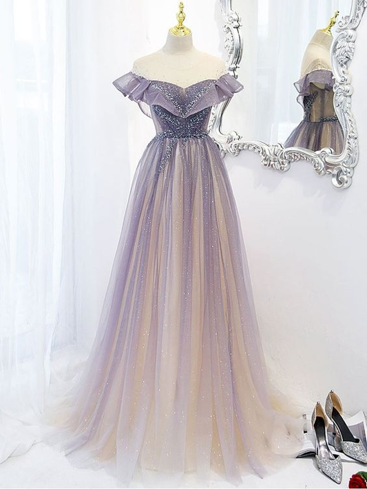 Vestidos de fiesta morados de corte A para mujer, vestidos de noche largos de tul Y5838
