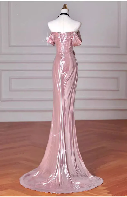 Elegantes Meerjungfrau-Abendkleid mit schulterfreiem, langem Ärmel, Rosa, Geburtstags-/Abendkleid Y8068