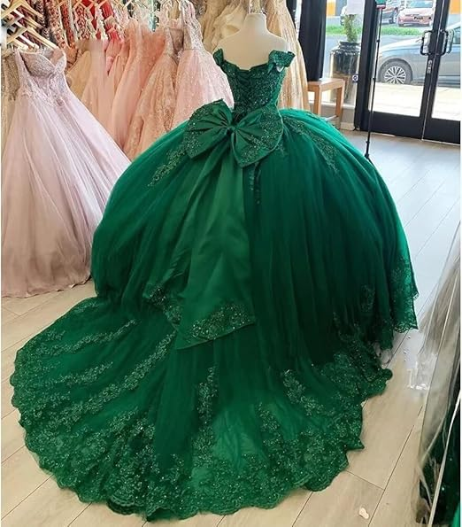 Vestido de quinceañera de tul con encaje y hombros descubiertos, vestido de baile con apliques verde oscuro Y4080
