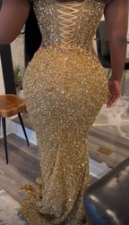 Luxurious Gold Sequins Appliques Evening Dress Mermaid Prom Dress Y7880