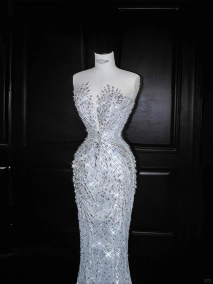 Vestido de novia romántico de sirena con cuentas de tul blanco y lentejuelas, vestido largo de noche para graduación Y8667