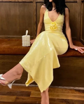 Sexy V-Ausschnitt Gelb Pailletten Etuikleid Abendkleid mit Blumen Y7891