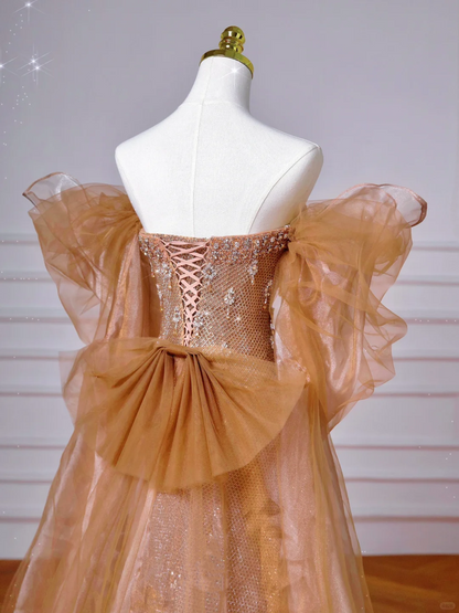 Vestido de fiesta de lujo con hombros descubiertos de tul y cuentas, vestido de noche largo estilo sirena Y8610