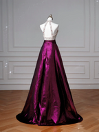 Vestido de fiesta largo de satén morado con cuello halter y cuentas, corte A, Y8609
