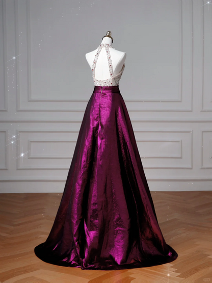 Vestido de fiesta largo de satén morado con cuello halter y cuentas, corte A, Y8609