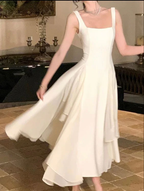 Vestido de noche largo asimétrico blanco con escote cuadrado Y2786