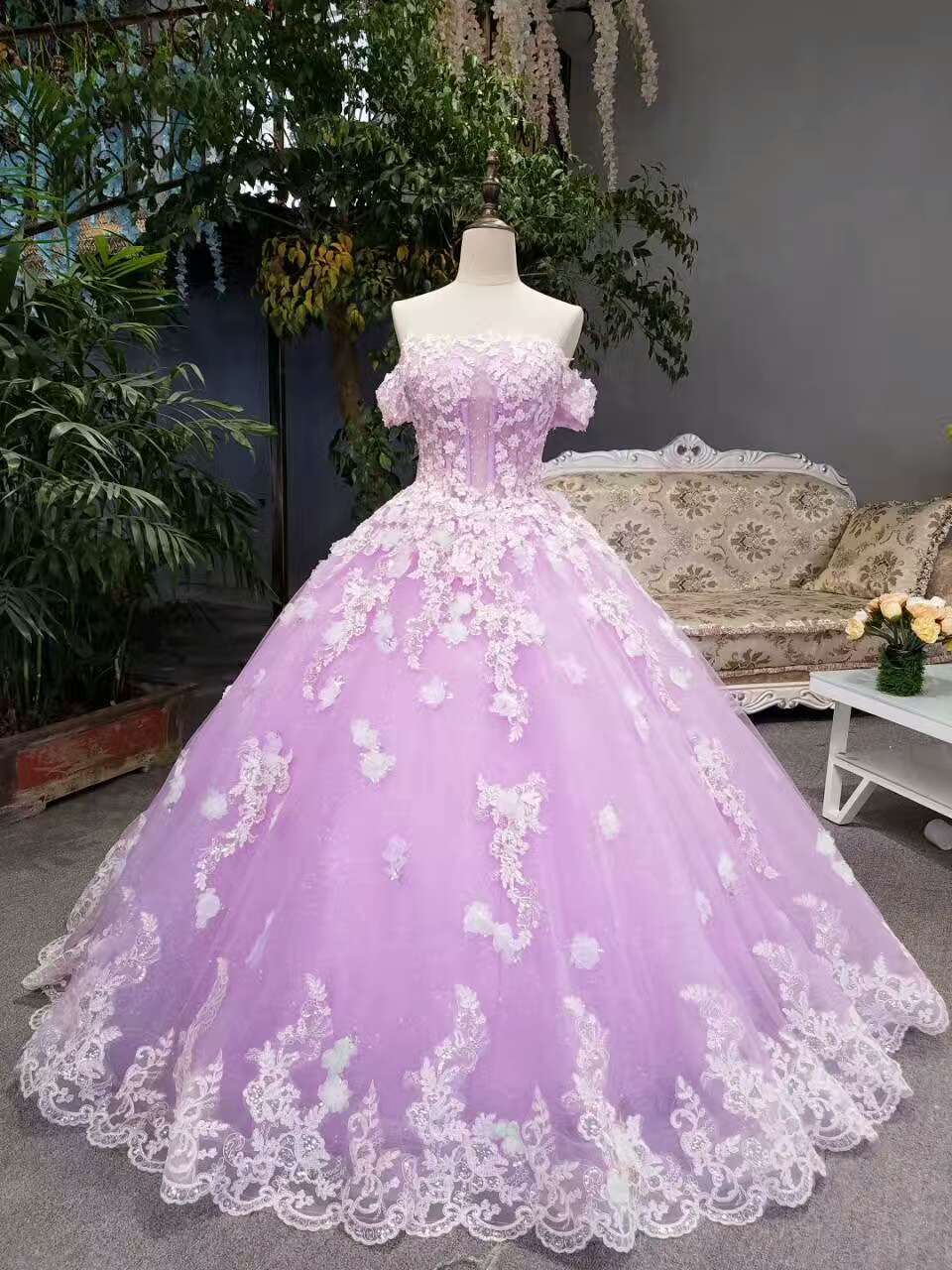 Nuevos vestidos de novia florales, corte A, largo hasta el suelo, con cordones, hombros descubiertos, cuentas y apliques, Y1090