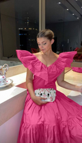 Chic A-line V Neck Pink Evening Dress Pink Formal Dress Y6131