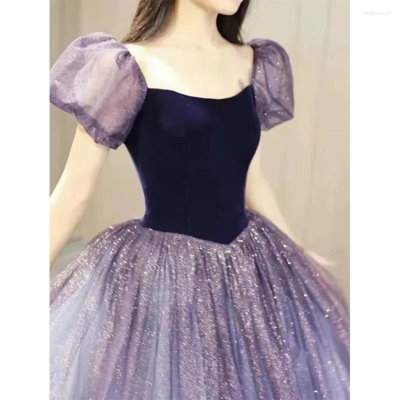 Lila Tüll Kurzarm Abendkleid Süßes A-Linie Abendkleid Y4291