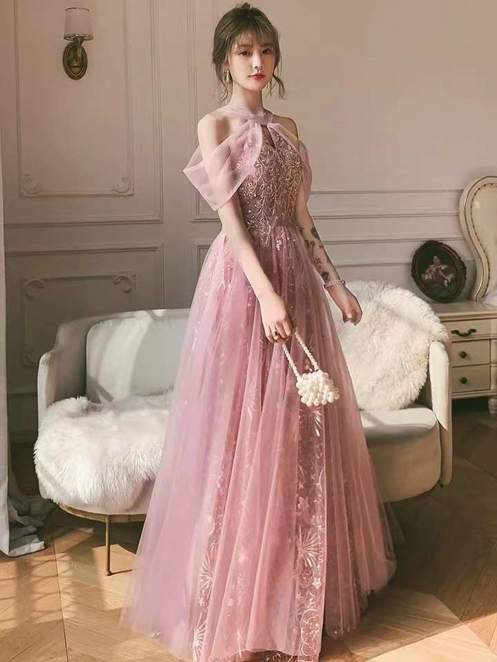 Vestido de fiesta rosa, vestido de fiesta con cuello halter, dulce vestido de noche de hada Y1918