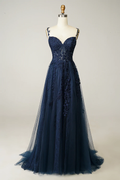 Vestido de fiesta azul marino de corte A con tul y encaje Y382