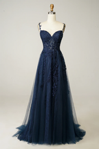 Vestido de fiesta azul marino de corte A con tul y encaje Y382