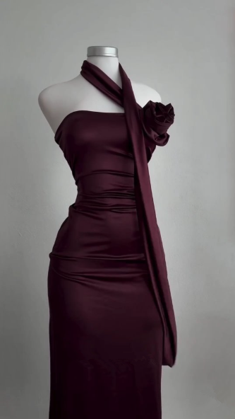 Vestido de fiesta largo burdeos, sencillo y sin tirantes, vestido de noche Y8511