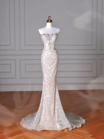 Glitzerndes trägerloses Tüll-Pailletten-Meerjungfrauen-Ballkleid, langes Abendkleid Y8616