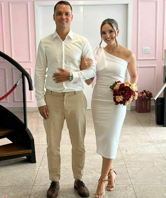 Elegantes weißes One-Shoulder-Kurzes Brautkleid, weißes Brautkleid Y6942
