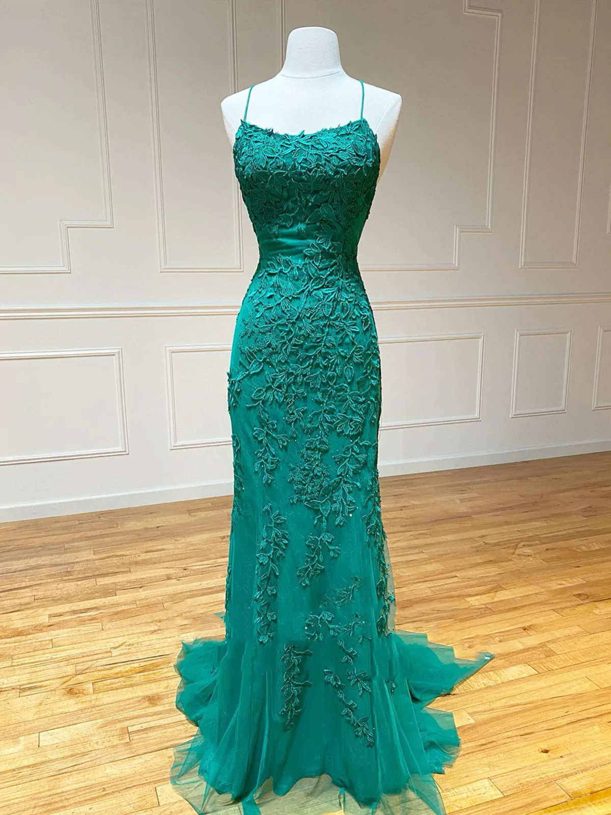 Vestidos de fiesta de sirena con encaje verde sin espalda, vestidos de noche formales de sirena con encaje verde con espalda descubierta Y1365