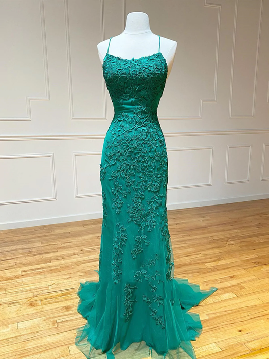 Vestidos de fiesta de sirena con encaje verde sin espalda, vestidos de noche formales de sirena con encaje verde con espalda descubierta Y1365
