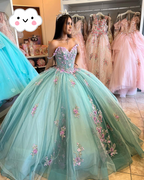 Vestido de quinceañera azul lago con flores 3D, hombros descubiertos, apliques y cuentas, maxivestido de quinceañera Y2632
