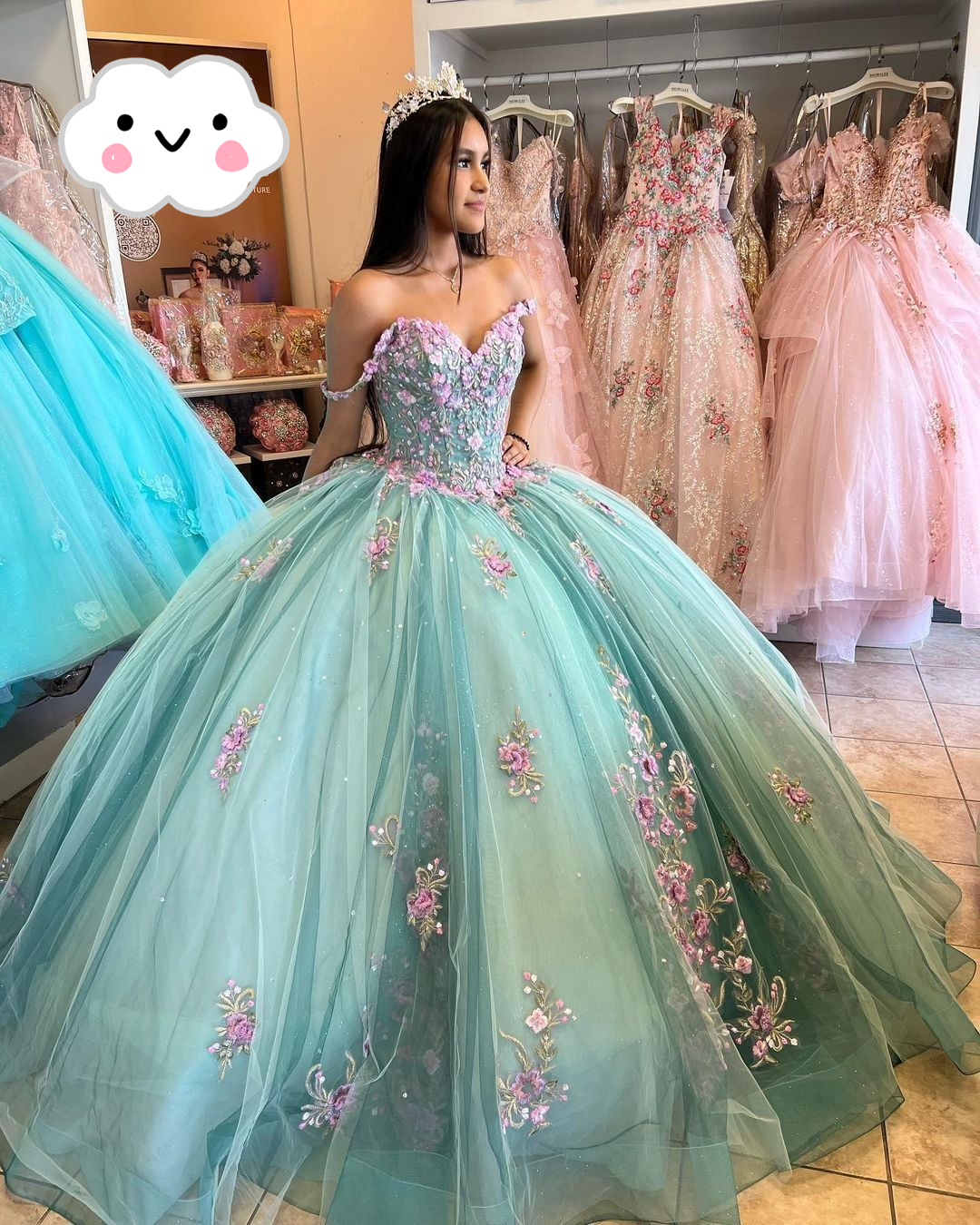 Vestido de quinceañera azul lago con flores 3D, hombros descubiertos, apliques y cuentas, maxivestido de quinceañera Y2632