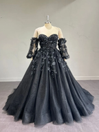 Atemberaubendes, alternatives schwarzes Kleid, schulterfreies Ballkleid, Gothic, unkonventionelles Hochzeitskleid, Y2477