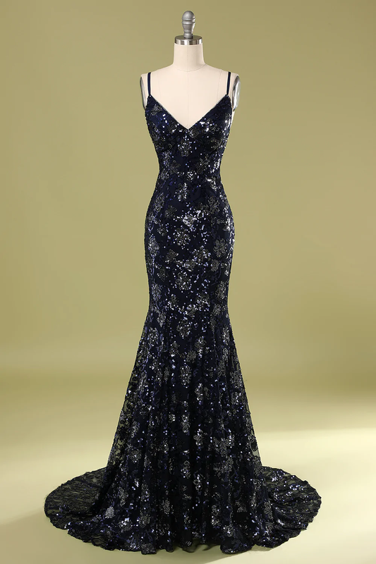 Marineblaues Abendkleid mit Perlen und Pailletten, schickes Ballkleid Y1832