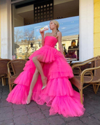 Vestido de fiesta/noche princesa, corte A, alto bajo, sin tirantes, rosa, largo, con volantes, Y76