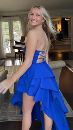 Sexy Königsblau Langes Ballkleid Trägerlos Rüschen Lagen Party Abendkleid Y8026