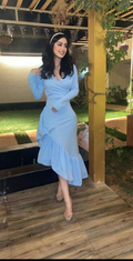 Elegante vestido de fiesta de sirena con escote en V azul, vestido de noche formal Y8181