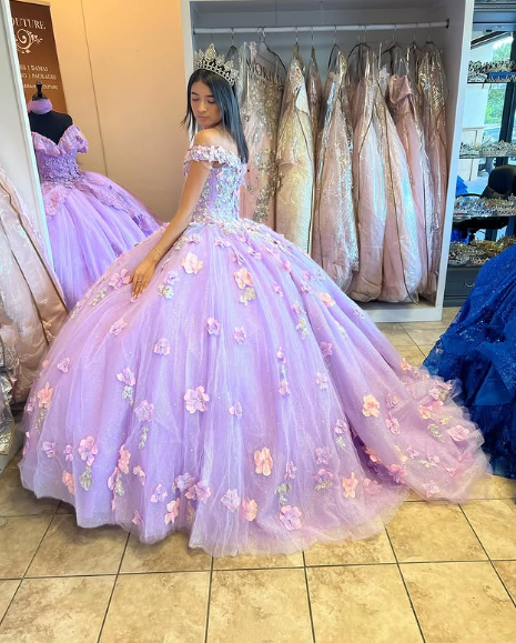 Vestido de princesa con apliques de lavanda, hombros descubiertos, brillante, elegante, de tul, con flores 3D, para fiesta de quince años, Y285