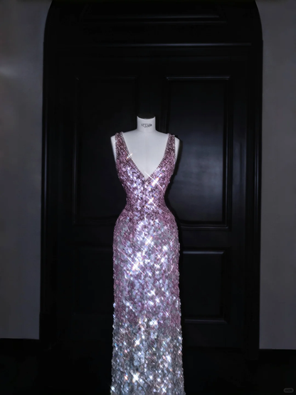 Hermoso vestido de noche largo con lentejuelas y escote en V en color rosa Y8688