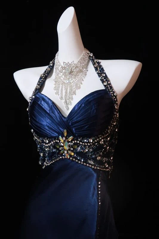 Luxuriöses Abendkleid in Marineblau mit Perlen und Schlitz, formelles Ballkleid Y7723