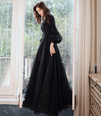 Schwarzes langes Ballkleid aus Spitze in A-Linie Y1294